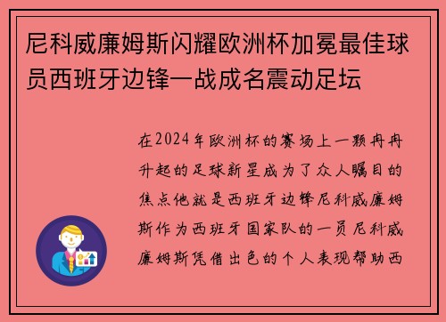 尼科威廉姆斯闪耀欧洲杯加冕最佳球员西班牙边锋一战成名震动足坛