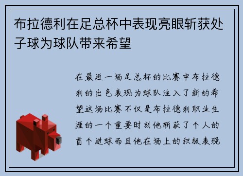 布拉德利在足总杯中表现亮眼斩获处子球为球队带来希望 布拉德利在足总杯中表现亮眼斩获处子球为球队带来希望